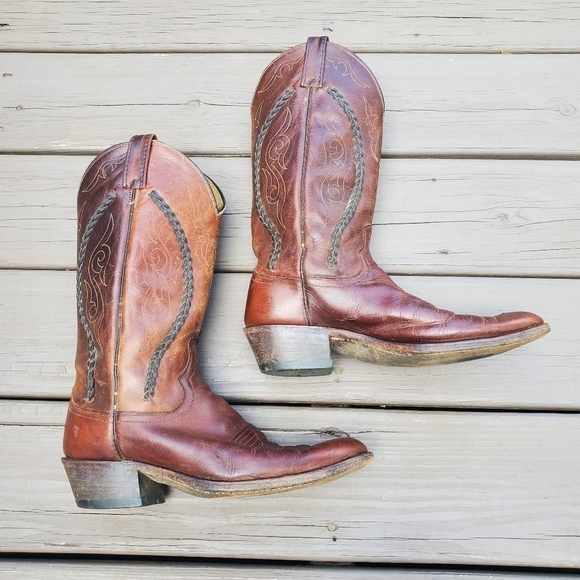 Vintage 70s Dan Post Brown Leather Braid Shaft Western Cowboy Motorcycle Boots 9 - Picture 3 of 9